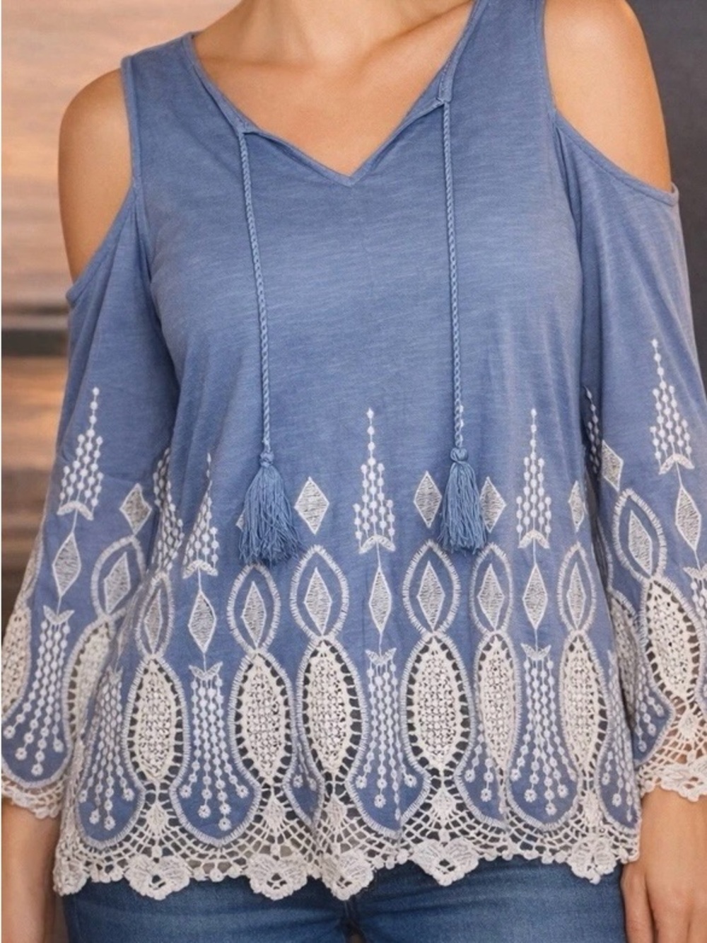 Chico's Blue Cold-Shoulder Embroidered Tassel Top